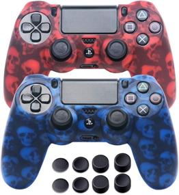 img 4 attached to DualShock 4 Silicone Skins Water Printed Protector Case Set for PS4 - 2 Pack Skull Controller Cover with 4 Pairs of Thumb Grips - Red & Blue