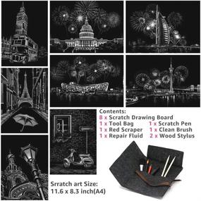 img 3 attached to Rainbow Scratch & Sketch Art for Kids and Adults, A4 Night View Scratchboard Kit – Arts & Crafts Set: 8 Sheets Paper, 6 Tools in Bag (Drawing Pen, Brush) - Fireworks & Street Corner Design
