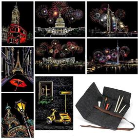 img 4 attached to Rainbow Scratch & Sketch Art for Kids and Adults, A4 Night View Scratchboard Kit – Arts & Crafts Set: 8 Sheets Paper, 6 Tools in Bag (Drawing Pen, Brush) - Fireworks & Street Corner Design