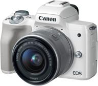 белая зеркальная камера canon eos m50 для видеоблогинга, комплект - объектив ef-m 15-45 мм, видео 4k, встроенный wi-fi, технологии nfc и bluetooth. логотип