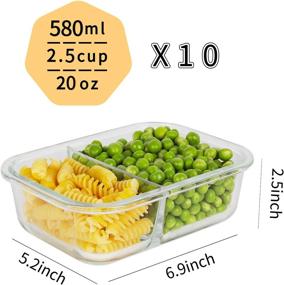 img 3 attached to 🍱 Bayco 10-Pack Glass Meal Prep Containers with 2 Compartments - Airtight BPA-Free Glass Food Storage Containers, Leak-Proof Lids, Lunch Bento Boxes (Set of 10 Containers + Lids)