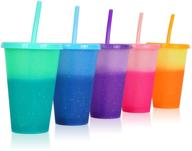 🥤 color changing plastic tumblers with lids & straws - 16oz, 5 pack reusable party cups bpa free - cold coffee tumbler for kids & adults, set of colorful drinking cups logo