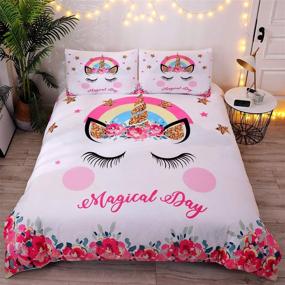 img 4 attached to 🌸 DEERHOME Flower Unicorn Kids Bedding Set - White Pink Golden Ears Theme for Teens and Girls, Twin Size - 3 Piece Duvet Cover Set, Ideal Gifts