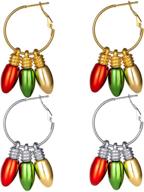 holiday hoop loop earrings set for women and girls - christmas light bulb, bell, and snowflake drop dangle earrings - perfect for thanksgiving, xmas logo