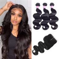 💇 abbily 10a brazilian body wave bundles with closure (10 12 14 + 10 closure) - brazilian virgin human hair bundles with t part middle part closure, 3 bundle pack and 4x0.75inch hand-tied lace closure logo