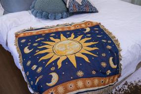 img 3 attached to 🌞 Erke Sun and Moon Stars Cushion Cover Ottoman Slipcover Chair Furniture Protector Decor, Hippie Room Decorative Wall Hanging Celestial Tapestry - Yellow Blue, Small Size, crafted with 100% Cotton