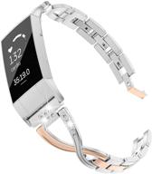 wearlizer compatible with fitbit charge 3 / charge 4 bands for women metal replacement charge 3 hr band strap with bling rhinestone bangle for fitbit charge 4 special edition - rose gold silver logo