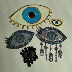 img 4 attached to 💙 Pack of 5 Large Sequin Heart Evil Eyes Patch, No Glue, Cartoon Motif Applique Embroidery Garment Accessory, Blue Version A