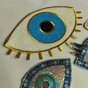 img 3 attached to 💙 Pack of 5 Large Sequin Heart Evil Eyes Patch, No Glue, Cartoon Motif Applique Embroidery Garment Accessory, Blue Version A