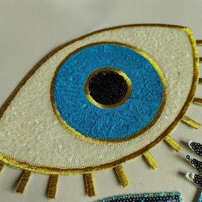 img 2 attached to 💙 Pack of 5 Large Sequin Heart Evil Eyes Patch, No Glue, Cartoon Motif Applique Embroidery Garment Accessory, Blue Version A