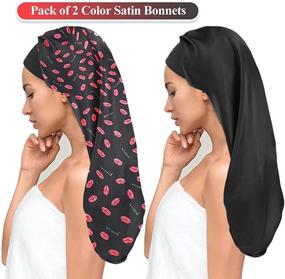 img 3 attached to Sleep in Style: 2Pcs Long Satin Bonnet Sleep Cap with Big Braids Bonnets & Hairband for Women