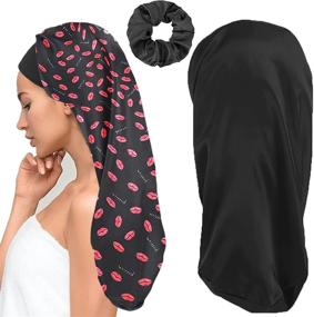 img 4 attached to Sleep in Style: 2Pcs Long Satin Bonnet Sleep Cap with Big Braids Bonnets & Hairband for Women