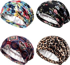 img 4 attached to 🌙 Silk Sleep Cap for Women with Curly Hair: Double Layer Satin Lined Bonnet, Slouchy Beanie, and Slap Hat – Set of 4 Pieces