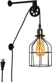 img 3 attached to 🏺 Wire Cage Industrial Wall Sconce - Rustic Plug-in Wall Lamp, Vintage E26 Base Metal Light Fixture with Lift Pulley Design for Bedrooms Living Room, Retro Farmhouse Decoration (Bulb Not Included)