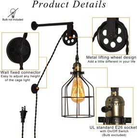 img 1 attached to 🏺 Wire Cage Industrial Wall Sconce - Rustic Plug-in Wall Lamp, Vintage E26 Base Metal Light Fixture with Lift Pulley Design for Bedrooms Living Room, Retro Farmhouse Decoration (Bulb Not Included)