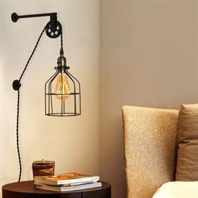 img 4 attached to 🏺 Wire Cage Industrial Wall Sconce - Rustic Plug-in Wall Lamp, Vintage E26 Base Metal Light Fixture with Lift Pulley Design for Bedrooms Living Room, Retro Farmhouse Decoration (Bulb Not Included)