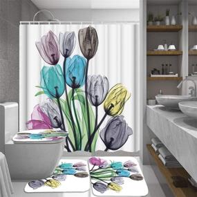 img 3 attached to Enhance Your Bathroom with Autumn Tulip Floral Flowers Shower Curtain Sets - Includes Non-Slip Rugs, Toilet Lid Cover, Bath Mat, 12 Hooks (Tulip Flowers,4Pcs/Set)