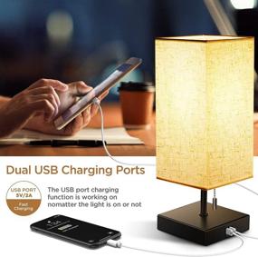 img 3 attached to Minimalist Bedside Table Lamp with 2 USB Charging Ports - Ideal Nightstand Lighting for Bedrooms, 😴 Living Rooms, and Offices - Fabric Linen Lamp Shade and Modern Black Metal Base - Chain Switch