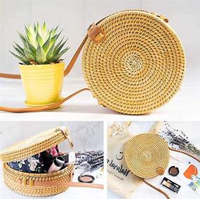 img 2 attached to Chic Handmade Round Rattan Straw Bag: Kbinter Women's Shoulder Leather Button Straps Bag - Natural Handwoven Boho Style Bali Purse