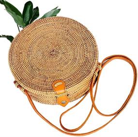 img 4 attached to Chic Handmade Round Rattan Straw Bag: Kbinter Women's Shoulder Leather Button Straps Bag - Natural Handwoven Boho Style Bali Purse