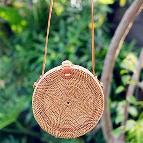 img 1 attached to Chic Handmade Round Rattan Straw Bag: Kbinter Women's Shoulder Leather Button Straps Bag - Natural Handwoven Boho Style Bali Purse