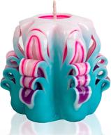 charming handcrafted decorative candles - carved designs - small yet stunning with chakra colors - ideal for gifting and centerpieces - 2.5 inches - blue pink purple logo