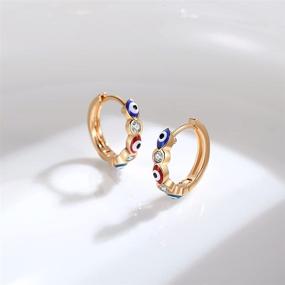 img 2 attached to 👁️ Stunning Meeran Evil Eye Earrings: Rose Gold Plated Dainty Huggie Hoop Earrings for Women Girls - Eye-catching Wardrobe Essential!