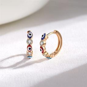 img 1 attached to 👁️ Stunning Meeran Evil Eye Earrings: Rose Gold Plated Dainty Huggie Hoop Earrings for Women Girls - Eye-catching Wardrobe Essential!