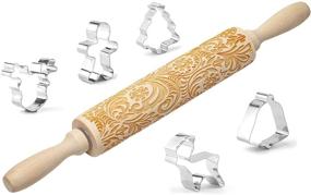 img 4 attached to 🎅 EUUPS 3D Christmas Embossed Rolling Pin for Cookies - Paisley Design with 5 Christmas Cookie Cutters, Snowflake Flower Pattern Wood Rolling Pin - DIY Baking and Kitchen Tool