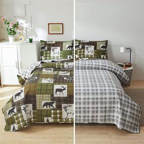 img 4 attached to Cabin Quilts Set: Black Moose Deer Bedding Full/Queen Size, 3-Piece Rustic Lodge Plaid Patchwork Bedding - Lightweight Reversible Gingham Grid Bedspread with Bear, Pine Trees, and Pillow Shams