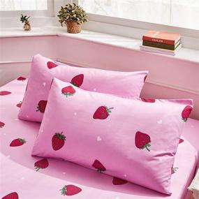 img 1 attached to 🍓 Kawaii Red Strawberry Pattern Queen Size Bed Sheet Set with Deep Pockets, Easy Fit, Hotel Luxury - Includes 1 Flat Sheet, 1 Fitted Sheet, 2 Pink Pillowcases - LAMEJOR