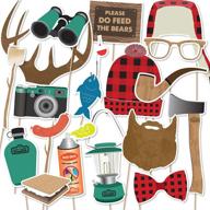 🌲 lumberjack camping photo booth props set - 18 pieces by paper and cake, including antlers, ax, beard, plaid cap, s’mores, ideal for birthday parties and events logo