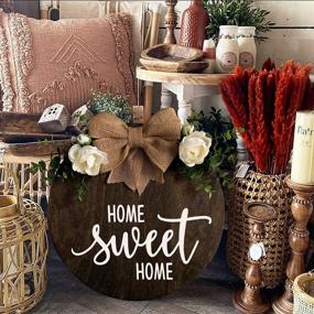 img 1 attached to MayAvenue Rustic Farmhouse Home Decor Sign - Home Sweet Home Wreaths for Front Door, Round Wood Hanging Sign with Ribbon Bow and Artificial Green Leaves - Perfect Porch Decorations for Home Thanksgiving, Brown