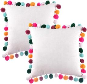 img 4 attached to Pom Pom Pillow Cover 16x16 Inches - White Throw Pillowcase with Colorful Pom Poms for Couch, Sofa, and Bedroom (Set of 2)