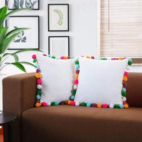 img 1 attached to Pom Pom Pillow Cover 16x16 Inches - White Throw Pillowcase with Colorful Pom Poms for Couch, Sofa, and Bedroom (Set of 2)