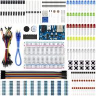 explore the versatile rexqualis electronics basic kit: power supply, breadboard, jumper wire, led, resistor, and over 300 sensor components for exciting electronic projects! logo