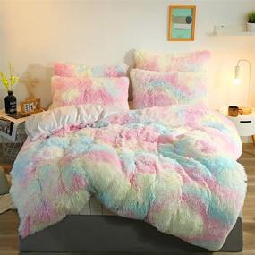 img 4 attached to Luxury Plush Shaggy Bedding Sets 3PC: Ultra Soft Crystal Velvet Duvet Cover (Queen Size) with Zipper Closure + 2 Pillowcases - Rainbow Fluffiness Delight!