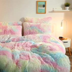 img 3 attached to Luxury Plush Shaggy Bedding Sets 3PC: Ultra Soft Crystal Velvet Duvet Cover (Queen Size) with Zipper Closure + 2 Pillowcases - Rainbow Fluffiness Delight!