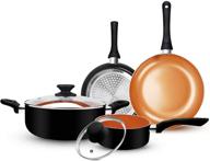 fruiteam 6pcs ceramic nonstick cookware set: soup pot, sauce pan, 🍳 frying pans in copper aluminum with lid. induction & gas compatible. black. logo