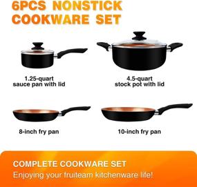 img 3 attached to FRUITEAM 6pcs Ceramic Nonstick Cookware Set: Soup Pot, Sauce Pan, 🍳 Frying Pans in Copper Aluminum with Lid. Induction & Gas Compatible. Black.