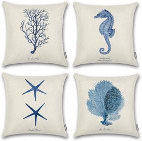 img 4 attached to 🌊 4 Pack Blue Ocean Park Cotton Linen Decorative Pillow Cover Case - D18" X 18" Square Shape with Ocean, Beach and Sea Print featuring Starfish, Seahorse and Voyage Elements