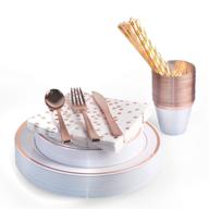 200-piece rose gold party supplies set: plates, napkins, cutlery, cups, straws - disposable plastic dinnerware and decorations in elegant rose gold logo