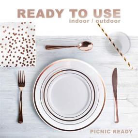 img 3 attached to 200-Piece Rose Gold Party Supplies Set: Plates, Napkins, Cutlery, Cups, Straws - Disposable Plastic Dinnerware and Decorations in Elegant Rose Gold
