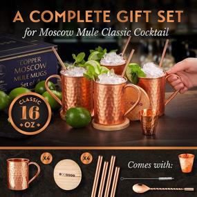 img 3 attached to 🍸 Yooreka Moscow Mule Mugs Gift Set: 4 Solid Copper Cups, Handcrafted, BONUS Accessories - Straws, Coasters, Spoon, Cleaning brush & Shot Glass - 16 oz, Cylindrical Shape