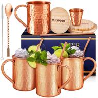 🍸 yooreka moscow mule mugs gift set: 4 solid copper cups, handcrafted, bonus accessories - straws, coasters, spoon, cleaning brush & shot glass - 16 oz, cylindrical shape logo