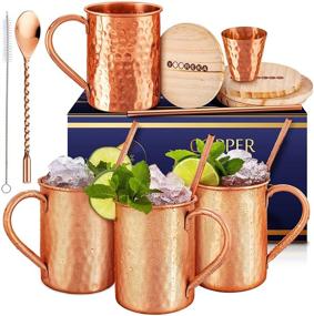 img 4 attached to 🍸 Yooreka Moscow Mule Mugs Gift Set: 4 Solid Copper Cups, Handcrafted, BONUS Accessories - Straws, Coasters, Spoon, Cleaning brush & Shot Glass - 16 oz, Cylindrical Shape