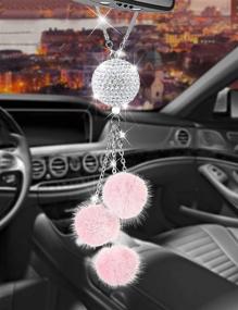 img 3 attached to 🎀 Alotex Bling Car Accessories for Women & Men: White Ball Pink Fuzzy Drops Rhinestones Diamond Car Accessories Crystal Rear View Mirror Charms, Lucky Interior Accents (White Ball-Pink)