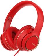 rorsou r8 on-ear headphones: lightweight foldable stereo bass headphones with mic - red logo