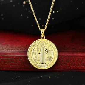 img 2 attached to 📿 FJ Saint Benedict Necklace - 925 Sterling Silver Cross Protection Pendant, Round Coin - Antiqued Religious Protector Talisman Pendant