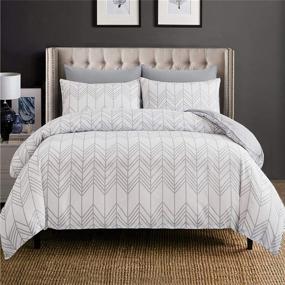 img 4 attached to 🛏️ Grey Chevron Duvet Cover Set Queen | Geometric Pattern Print | White Duvet Cover | Soft Microfiber Comforter Cover with Zipper Closure & Corner Ties | Chevron Design | Queen Size